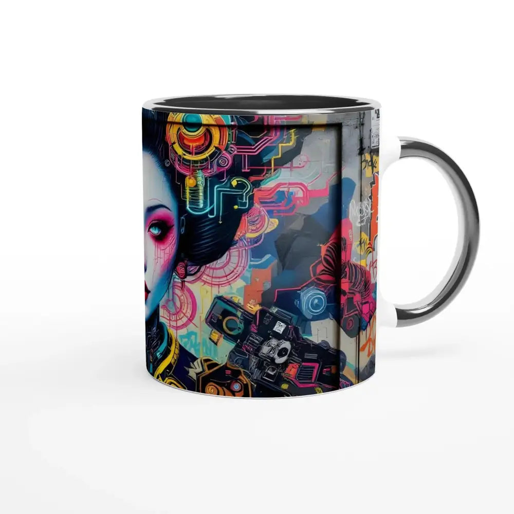 Cyberpunk Geisha Mug, White 11oz Ceramic Mug with Mech Shrine Surreal Circuitware
