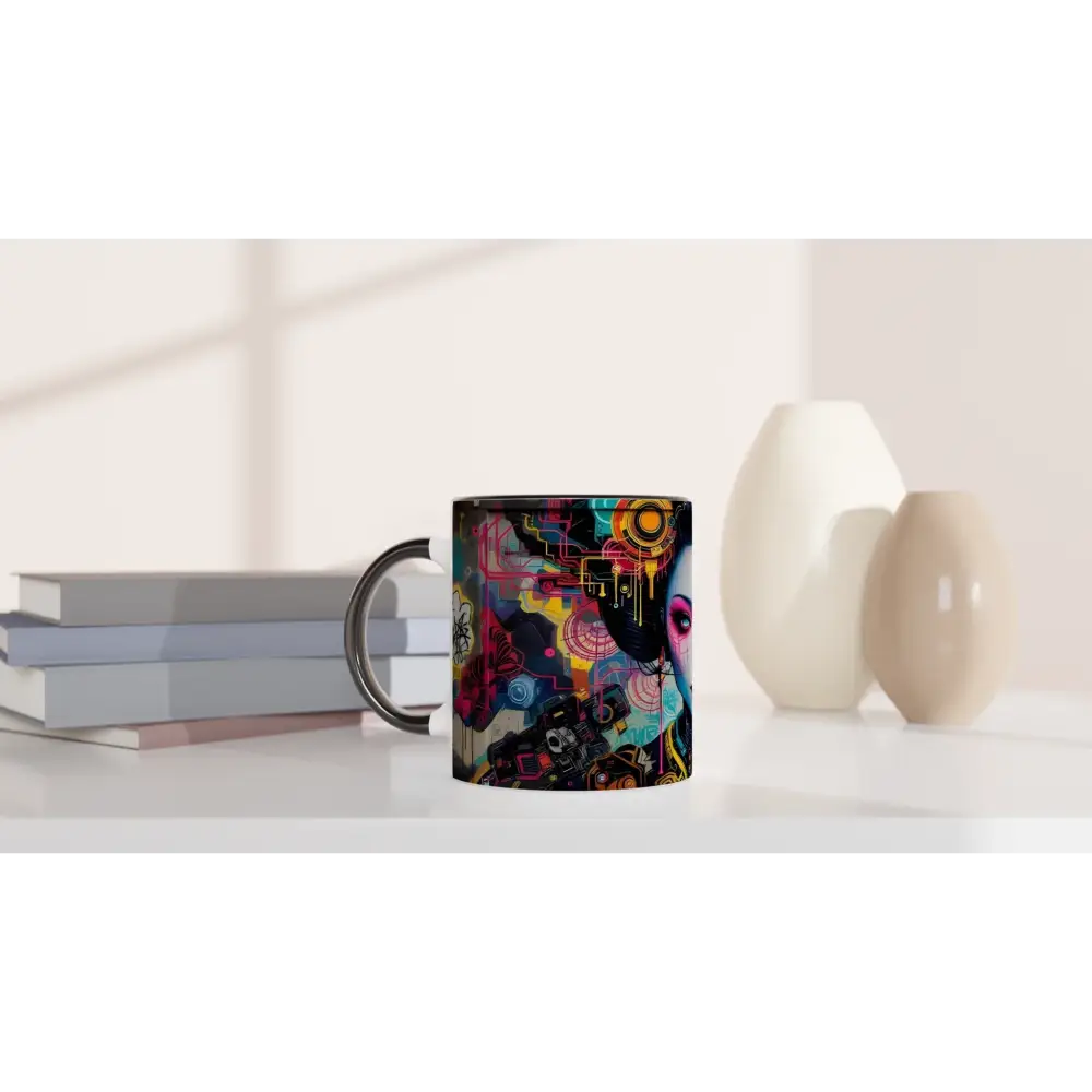 Colorful abstract ceramic mug featuring surreal circuitware design named Mech Shrine Geisha