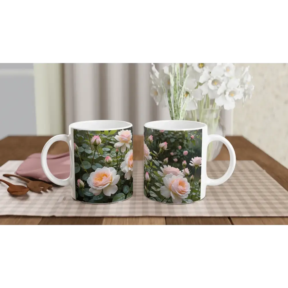 Two floral-themed ceramic mugs from PixiOnyx Botanical Brew featuring soft petal patterns