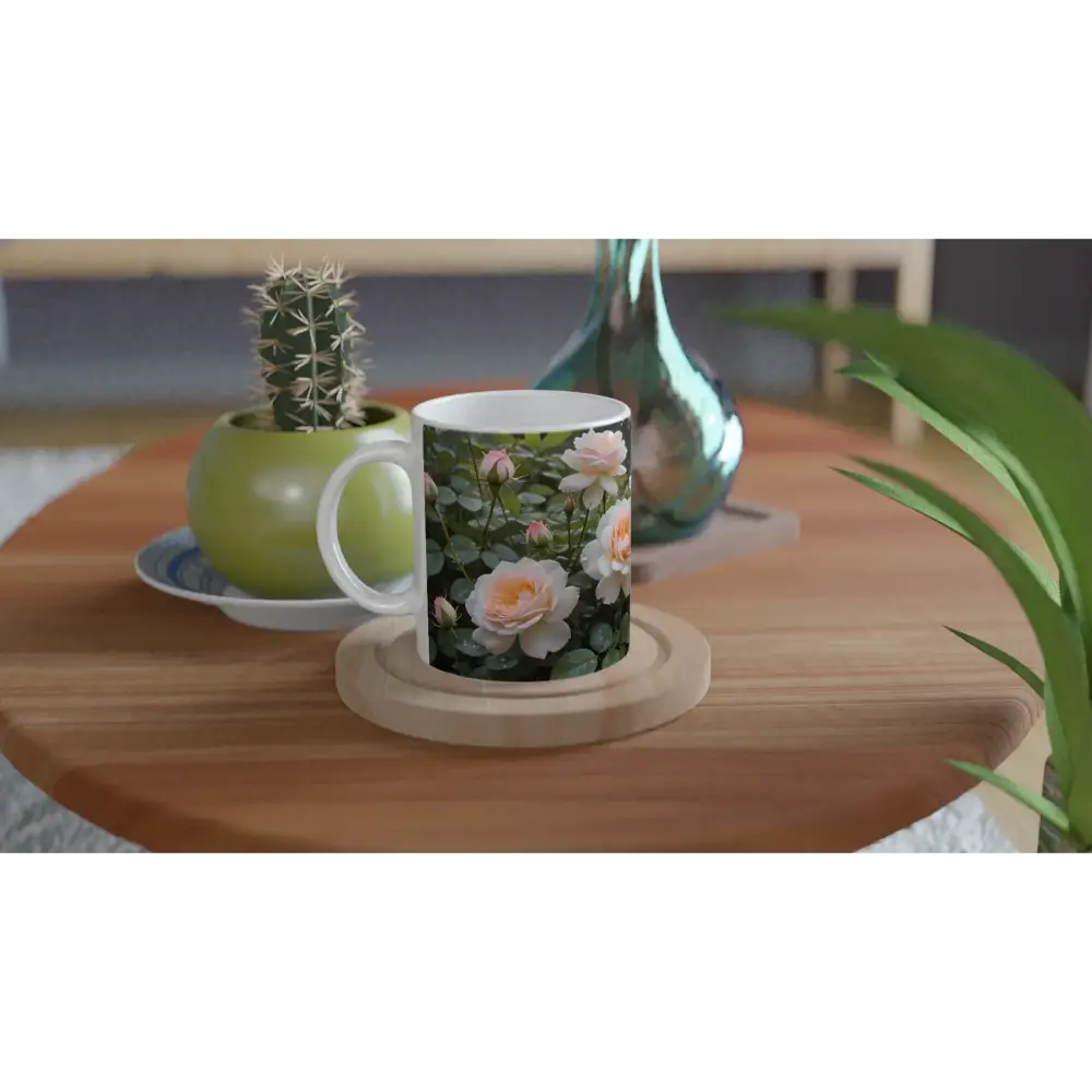 White ceramic mug with a delicate rose pattern from PixiOnyx Botanical Brew