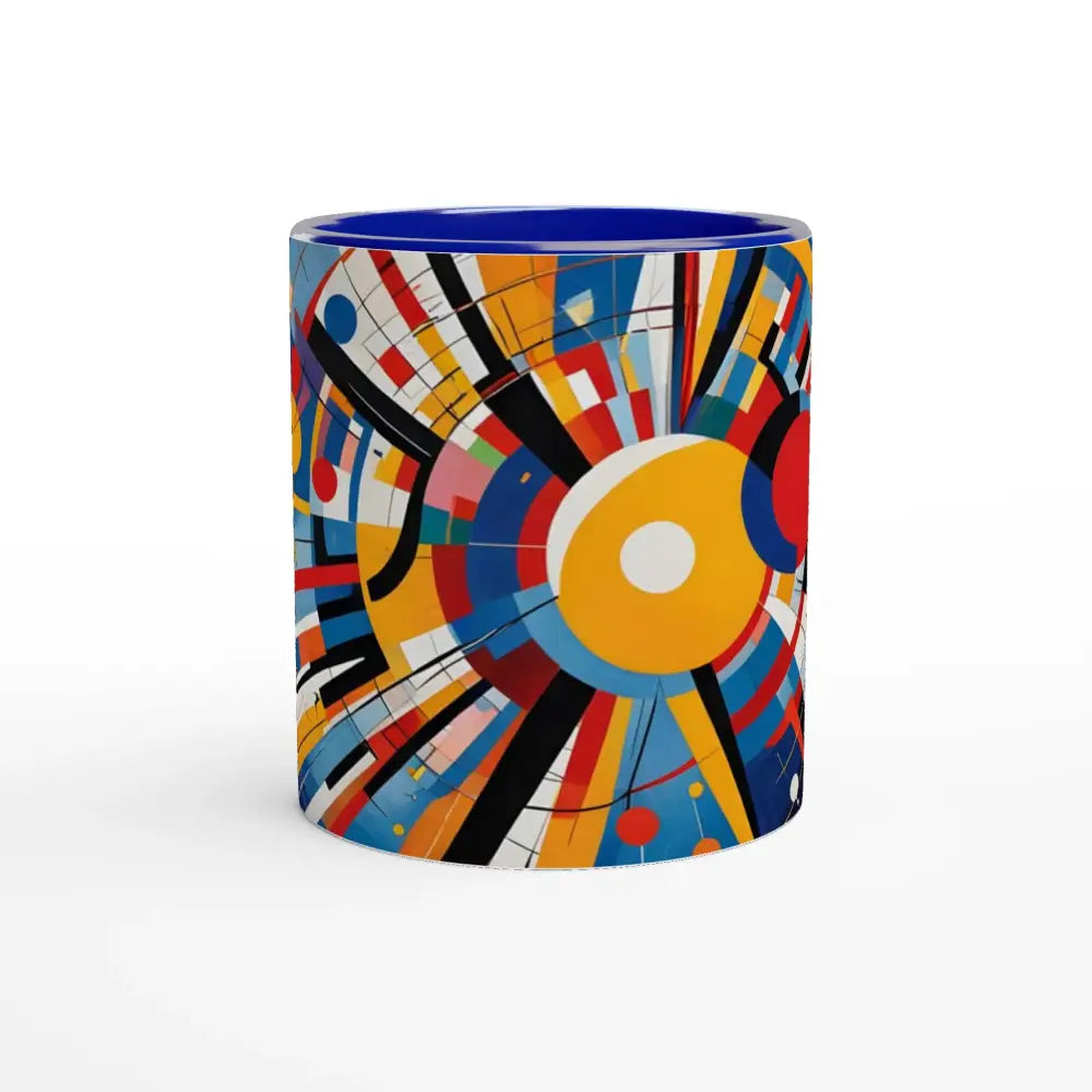 Colorful abstract art mug featuring vibrant celestial motion design on white ceramic
