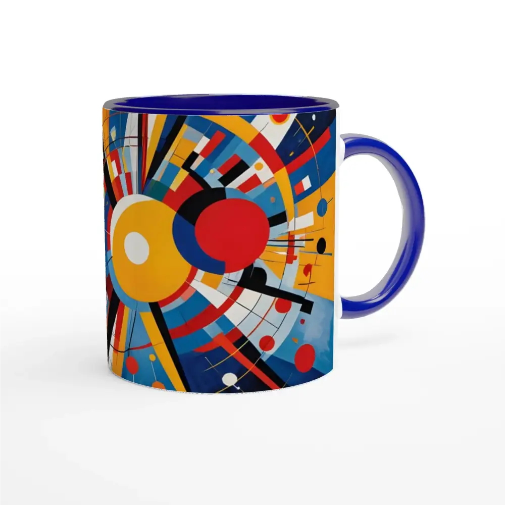 Blue-trimmed ceramic mug with abstract celestial motion art and colorful inside