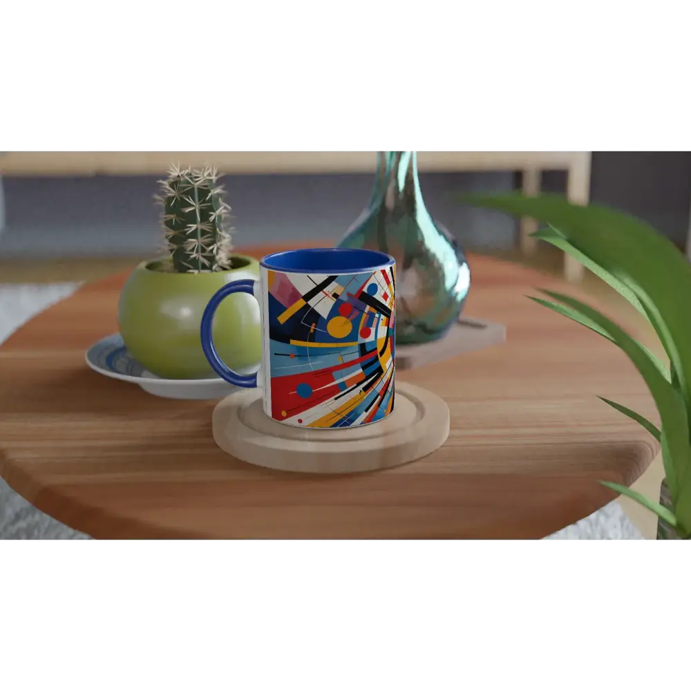 Colorful abstract art ceramic mug with celestial motion design and vibrant inside
