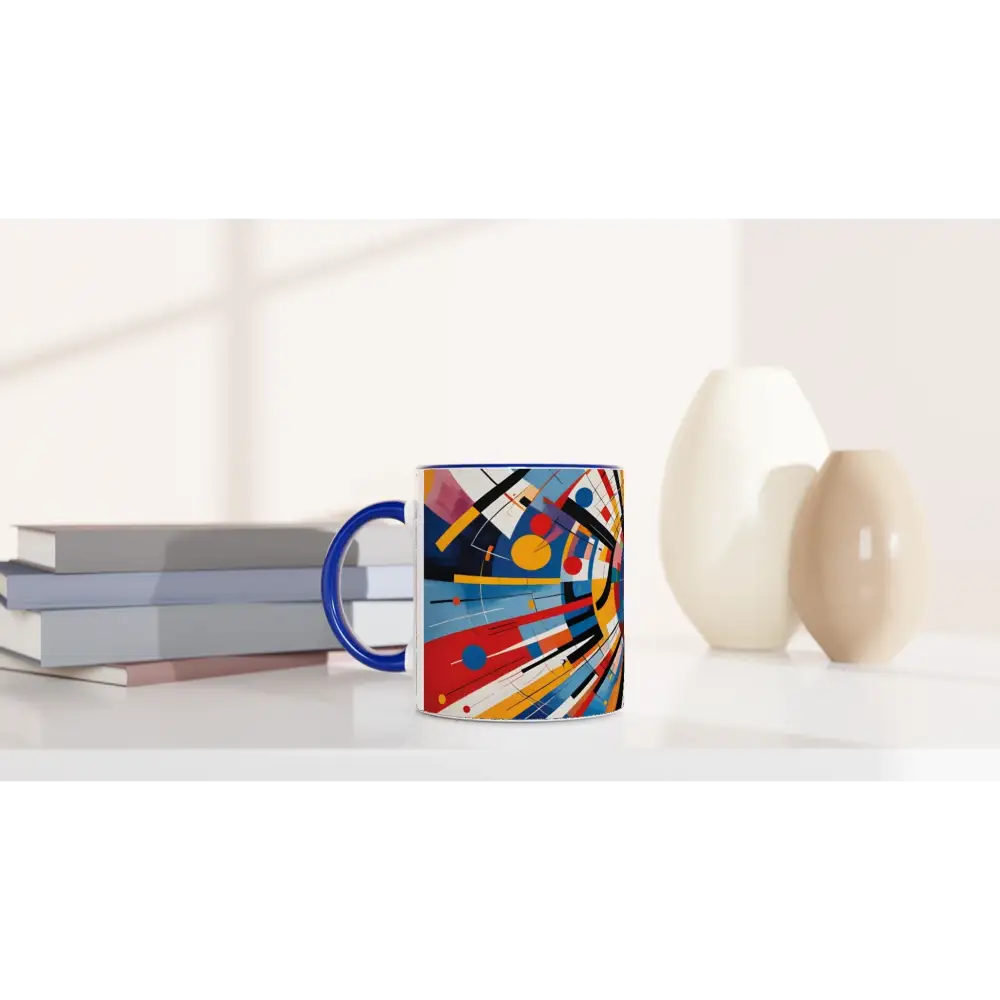 Colorful abstract art ceramic mug with celestial motion design and vibrant interior