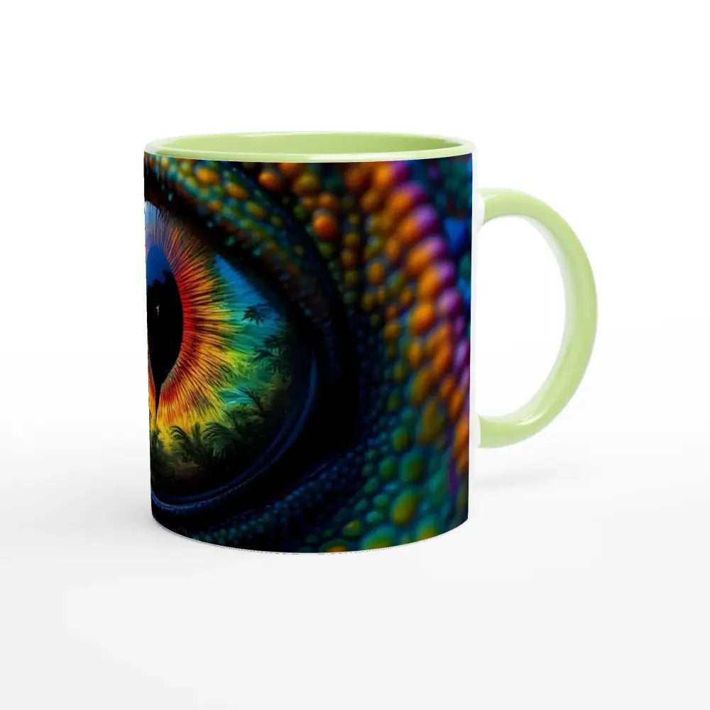 Colorful lizard eye mug with inner rainbow colors showcases hypnotic reptile design