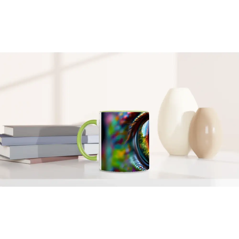 Colorful ceramic mug with green handle from PixiOnyx Chameleon’s Prism collection