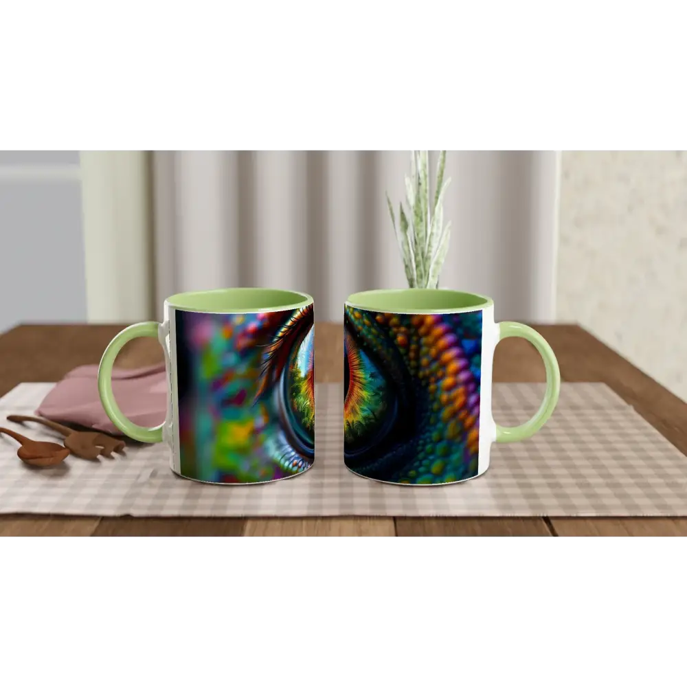 White 11oz ceramic mug with chameleon eye design and colorful interior by PixiOnyx