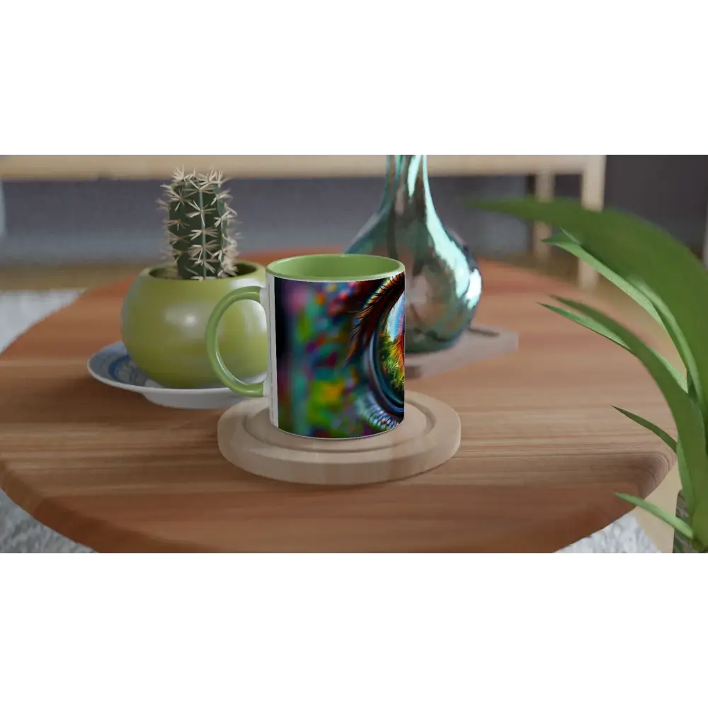 Colorful 11oz ceramic mug with green interior from PixiOnyx Chameleon’s Prism collection