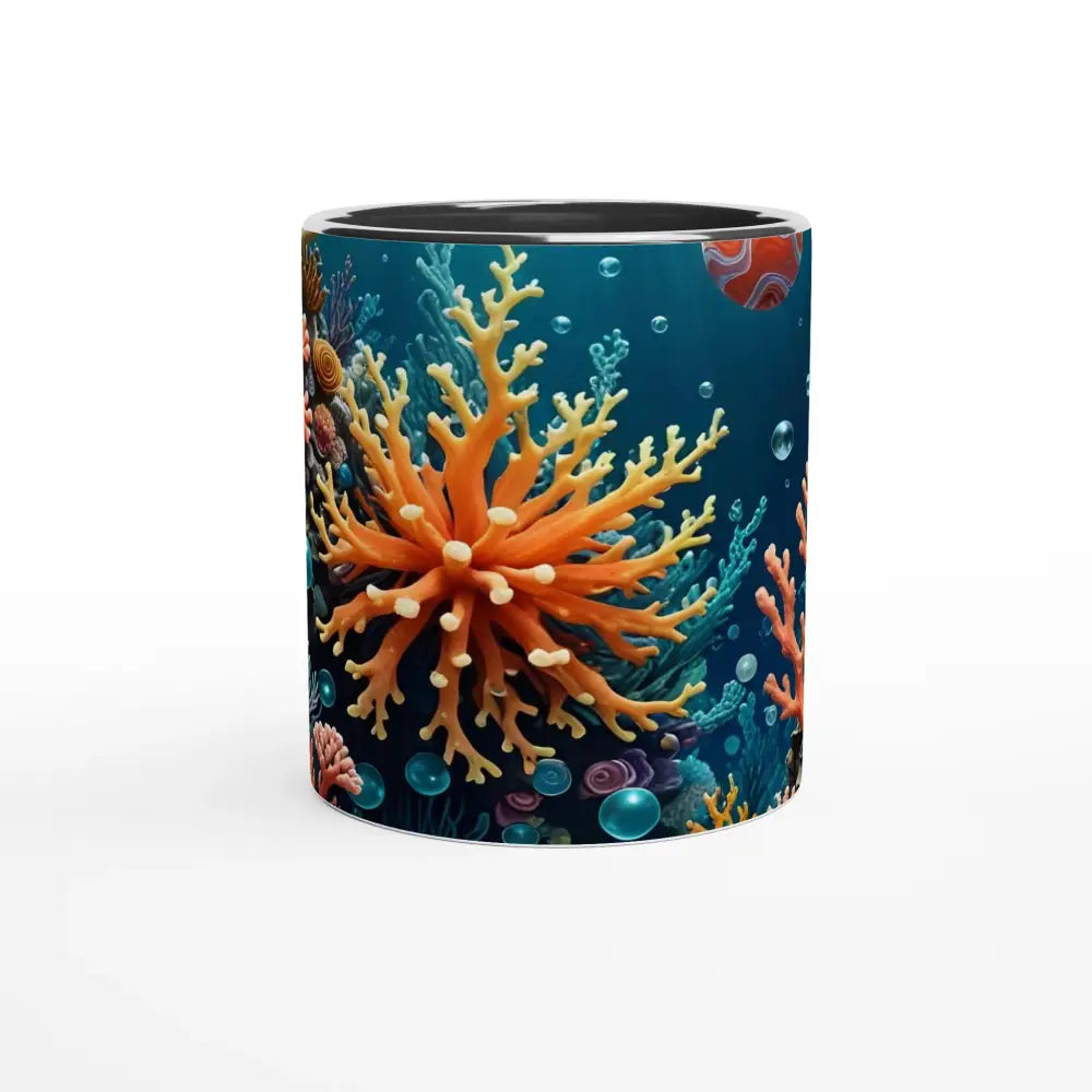 Coral reef themed white 11oz ceramic mug with colorful interior for ocean-inspired coffee drinking