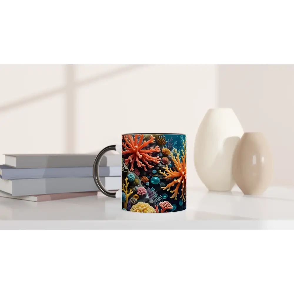 White 11oz ceramic mug with coral reef design and colorful inside from PixiOnyx Oceanic Brew