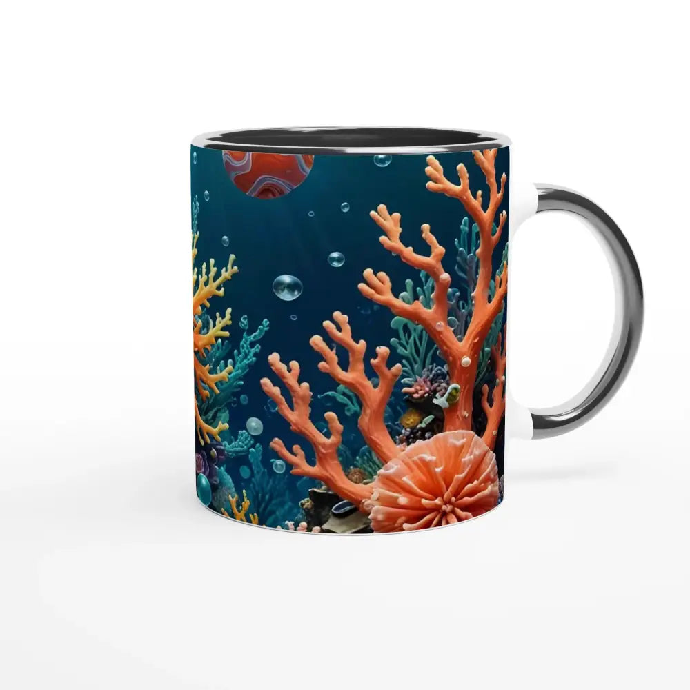 Coral reef themed white 11oz ceramic mug with colorful interior for oceanic drinkware
