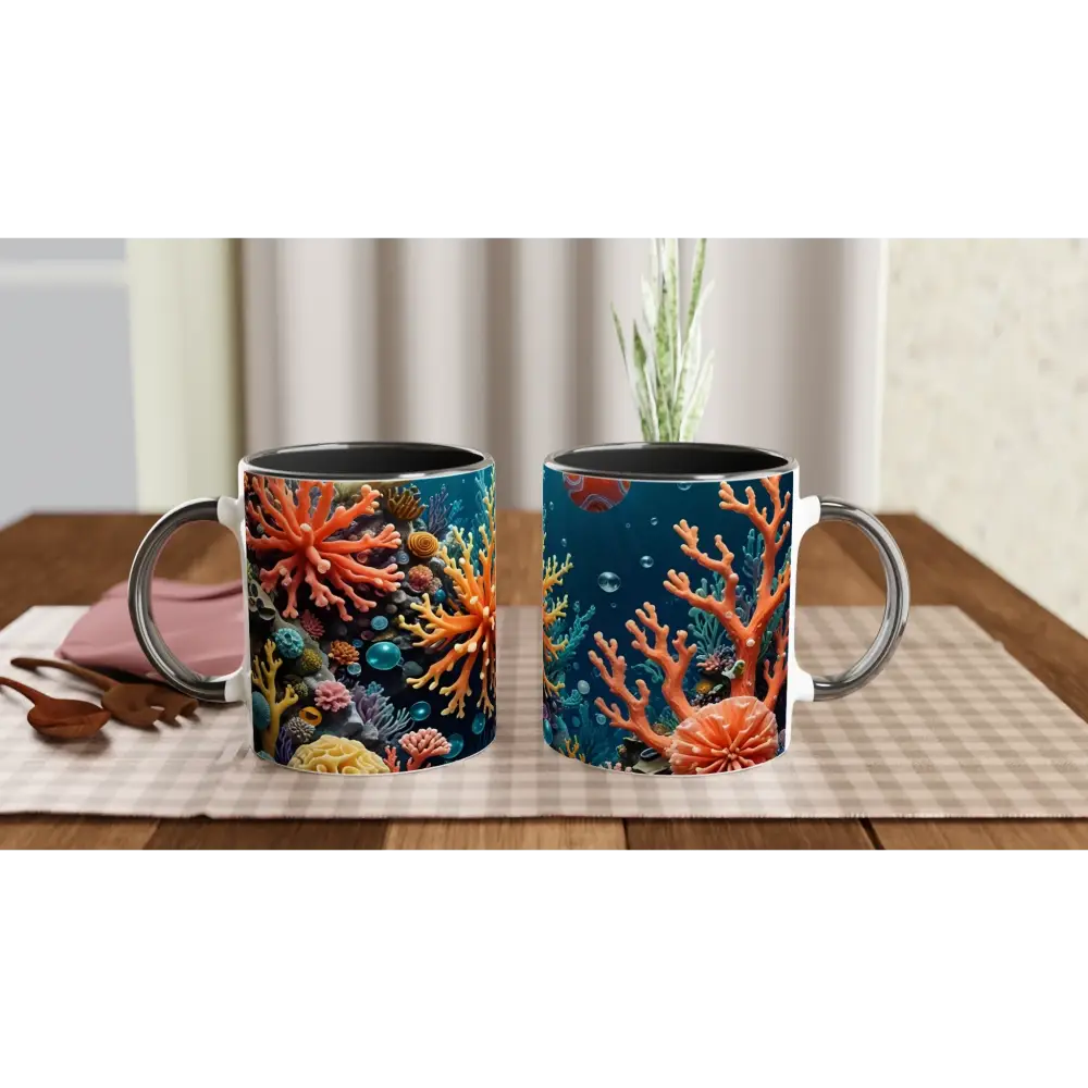 Two coral reef-themed ceramic mugs with colorful interiors for Oceanic Brew by PixiOnyx