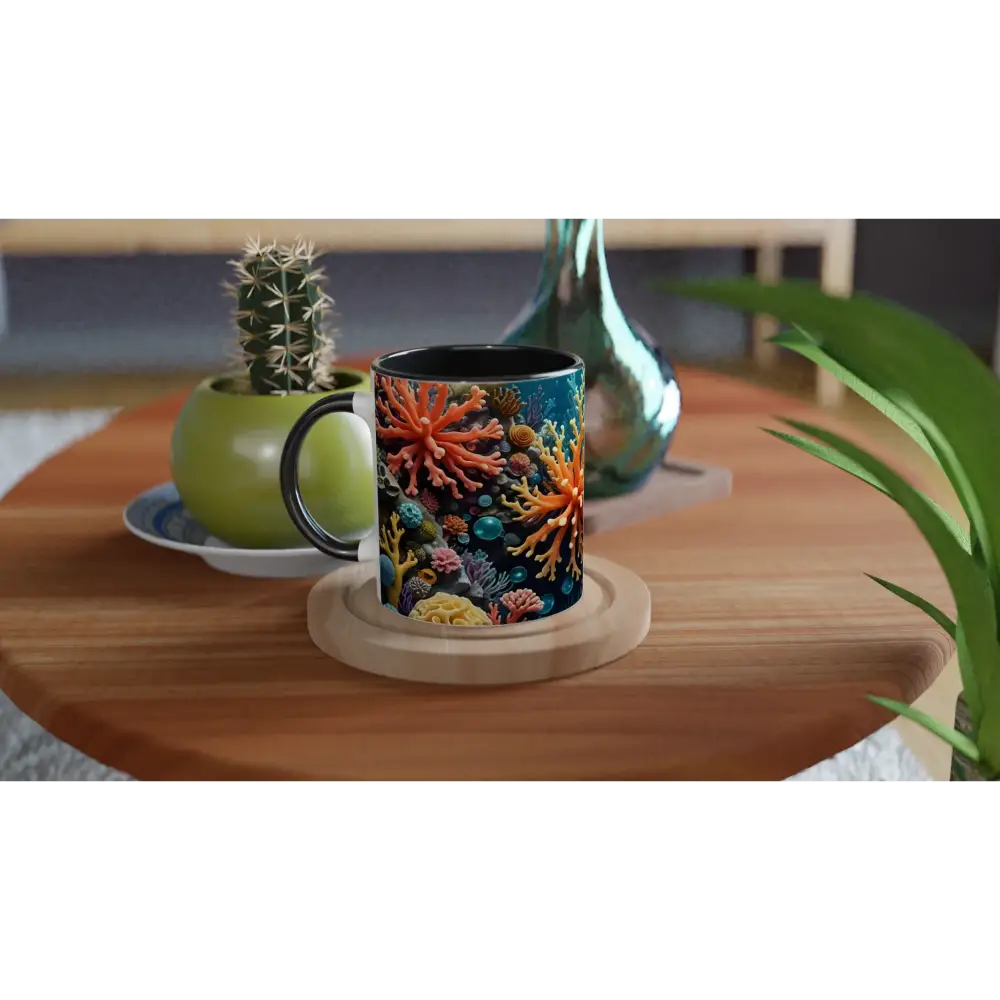 Coral reef themed white 11oz ceramic mug with colorful interior by PixiOnyx Oceanic Brew