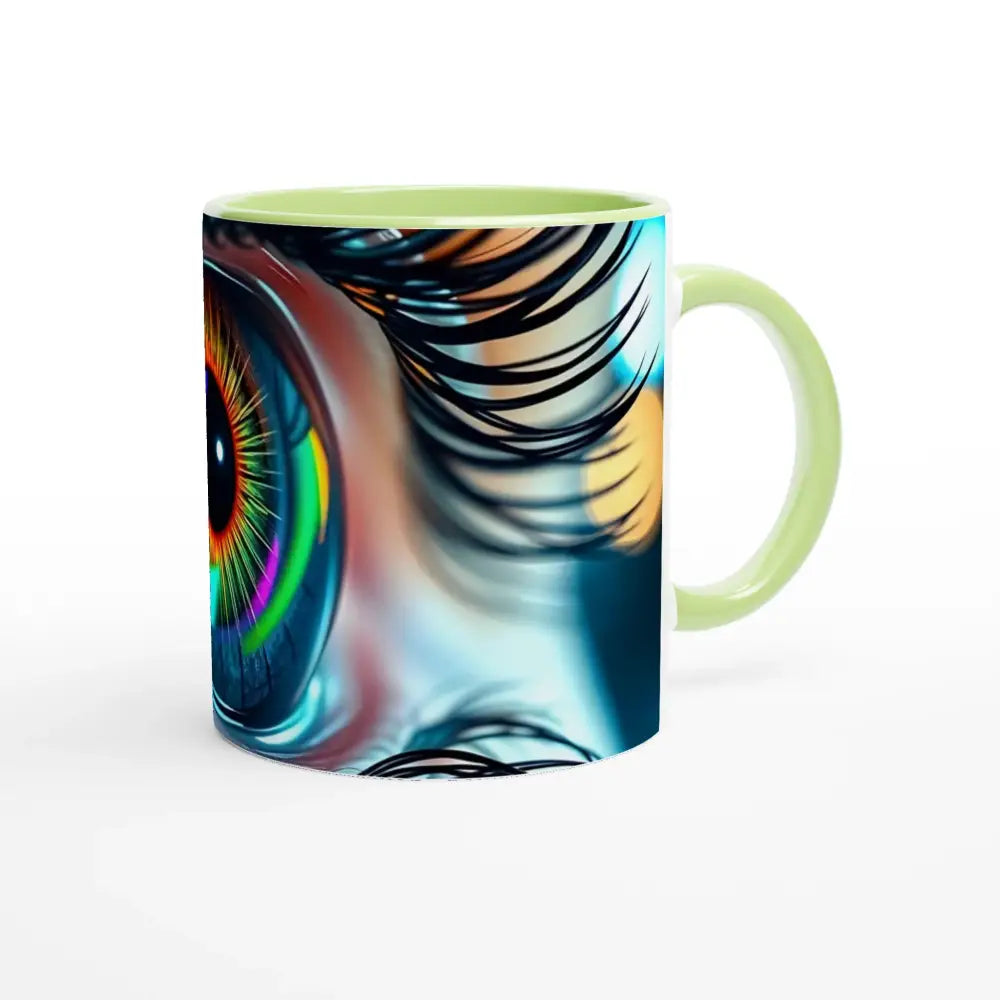 Eye-themed white ceramic mug with colorful interior from PixiOnyx Dreamscape