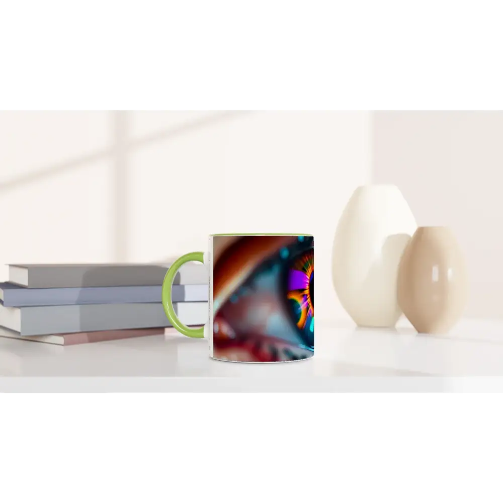Eye-themed ceramic mug with green handle and cosmic iris design from PixiOnyx Dreamscape