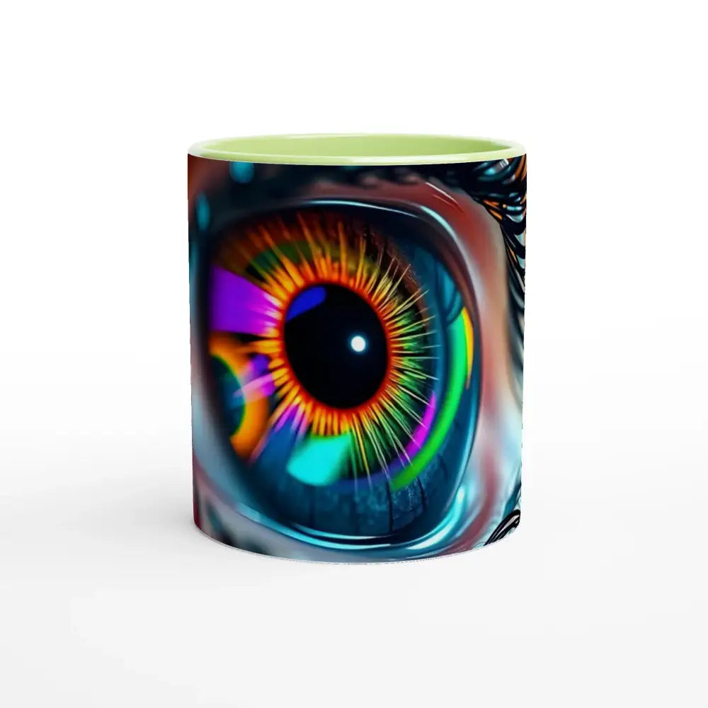 Colorful eye design on White 11oz Ceramic Mug with Cosmic Iris inside