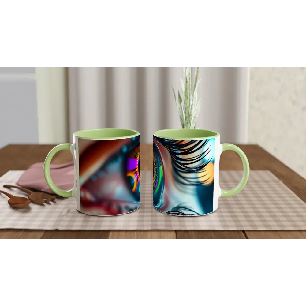 Two eye-themed ceramic mugs with cosmic iris design, white exterior, and colorful interior