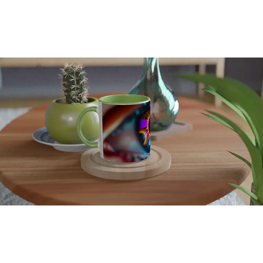 Green-handled ceramic mug with eye design from PixiOnyx Dreamscape Cosmic Iris collection