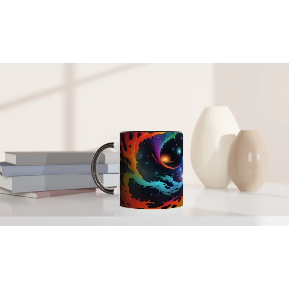 Colorful galaxy design on White 11oz ceramic mug with cosmic tides inside