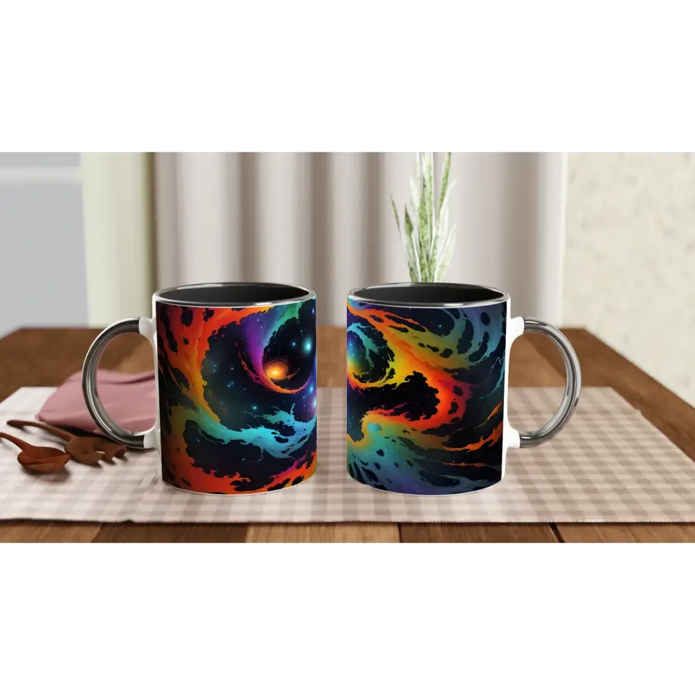Galaxy-themed ceramic mugs with cosmic tides design and colorful insides