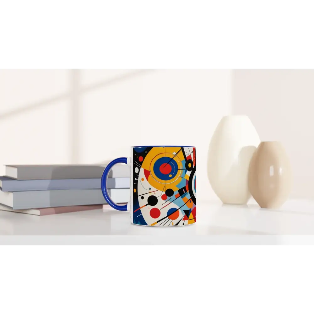 Abstract art ceramic mug with blue handle for the PixiOnyx Dynamic Balance collection