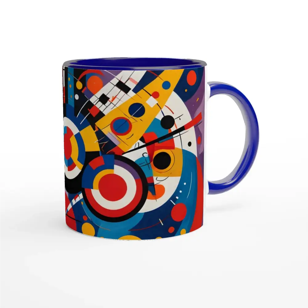 Colorful abstract art mug with white exterior and vibrant interior design