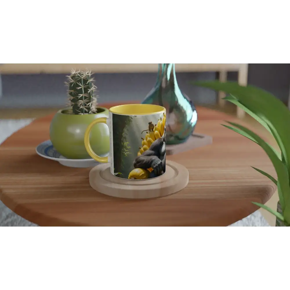 Yellow-lined ceramic mug with bird and fruit design from King Kongs Banana Throne collection