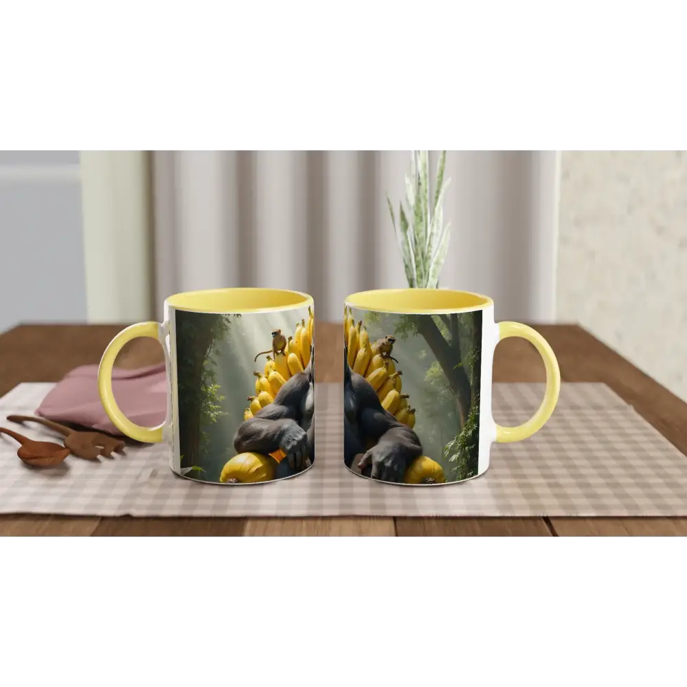 Yellow-handled ceramic mugs with Gorilla and Banana designs for King Kong fans