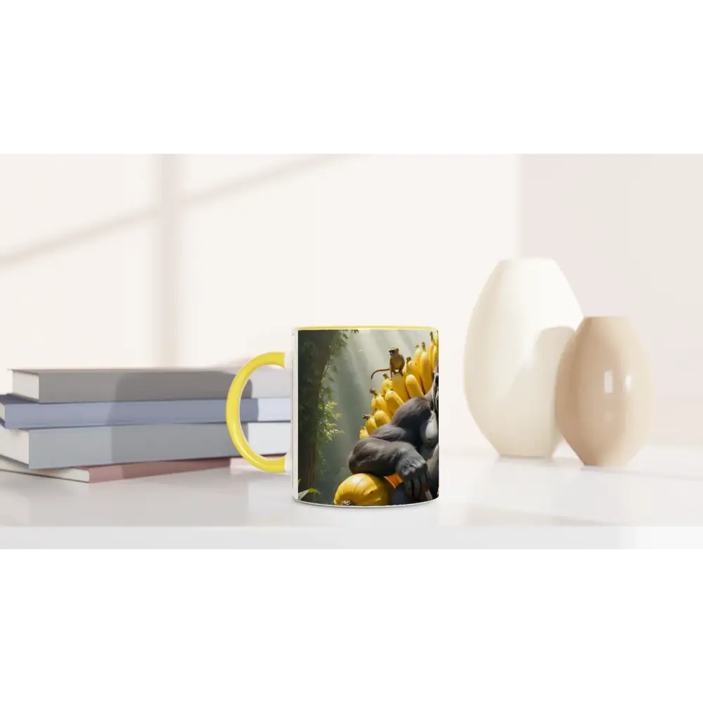 Yellow-handled ceramic mug with Gorilla and banana design from King Kong’s Banana Throne collection