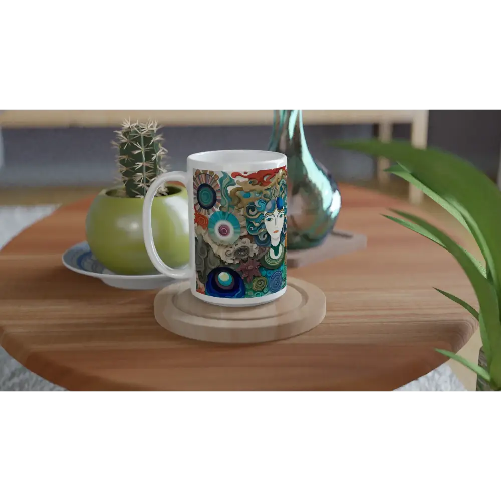 White 15oz ceramic mug with colorful abstract ocean design from PixiOnyx Dreamscape Drinkware