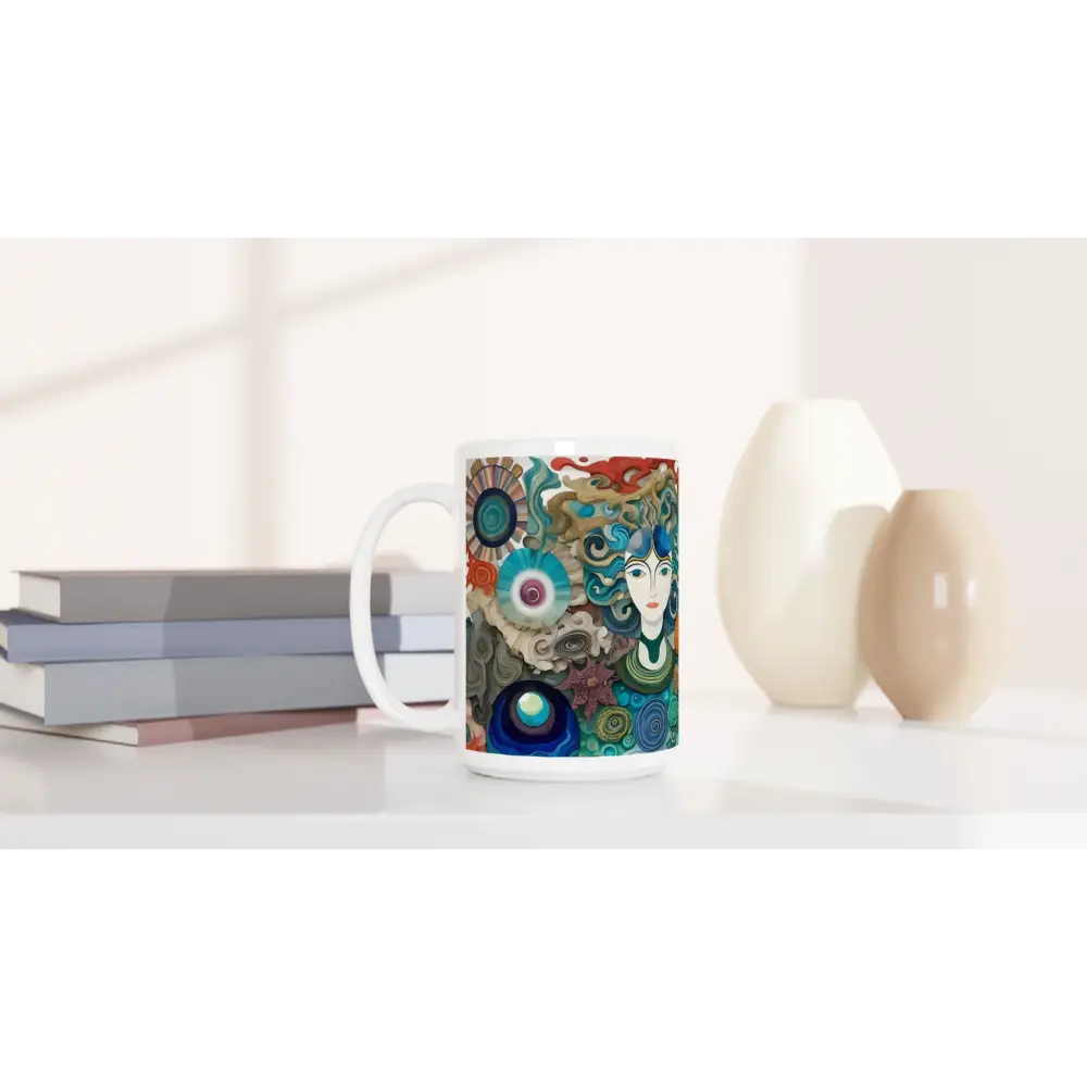 Artistic white 15oz ceramic mug featuring woman’s face and floral designs from PixiOnyx Dreamscape Drinkware