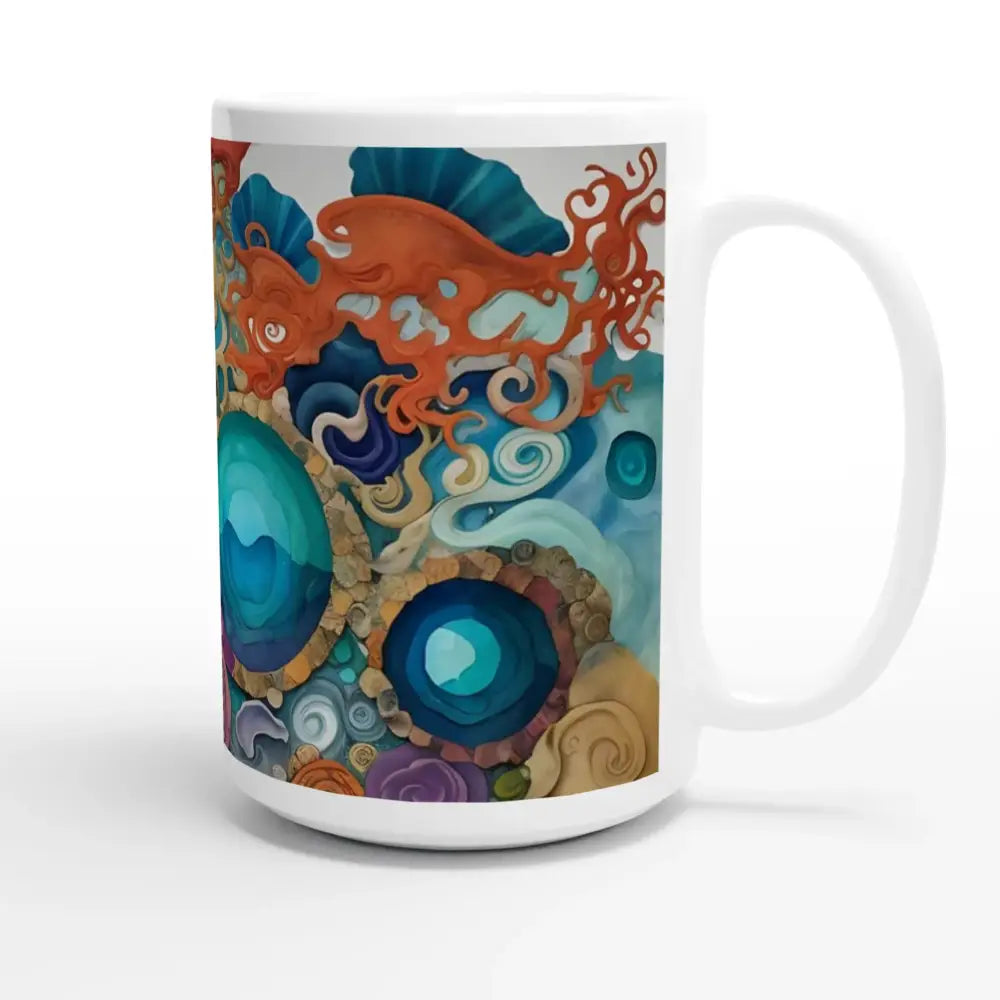 White ceramic mug with colorful abstract ocean-themed art from PixiOnyx Dreamscape Drinkware