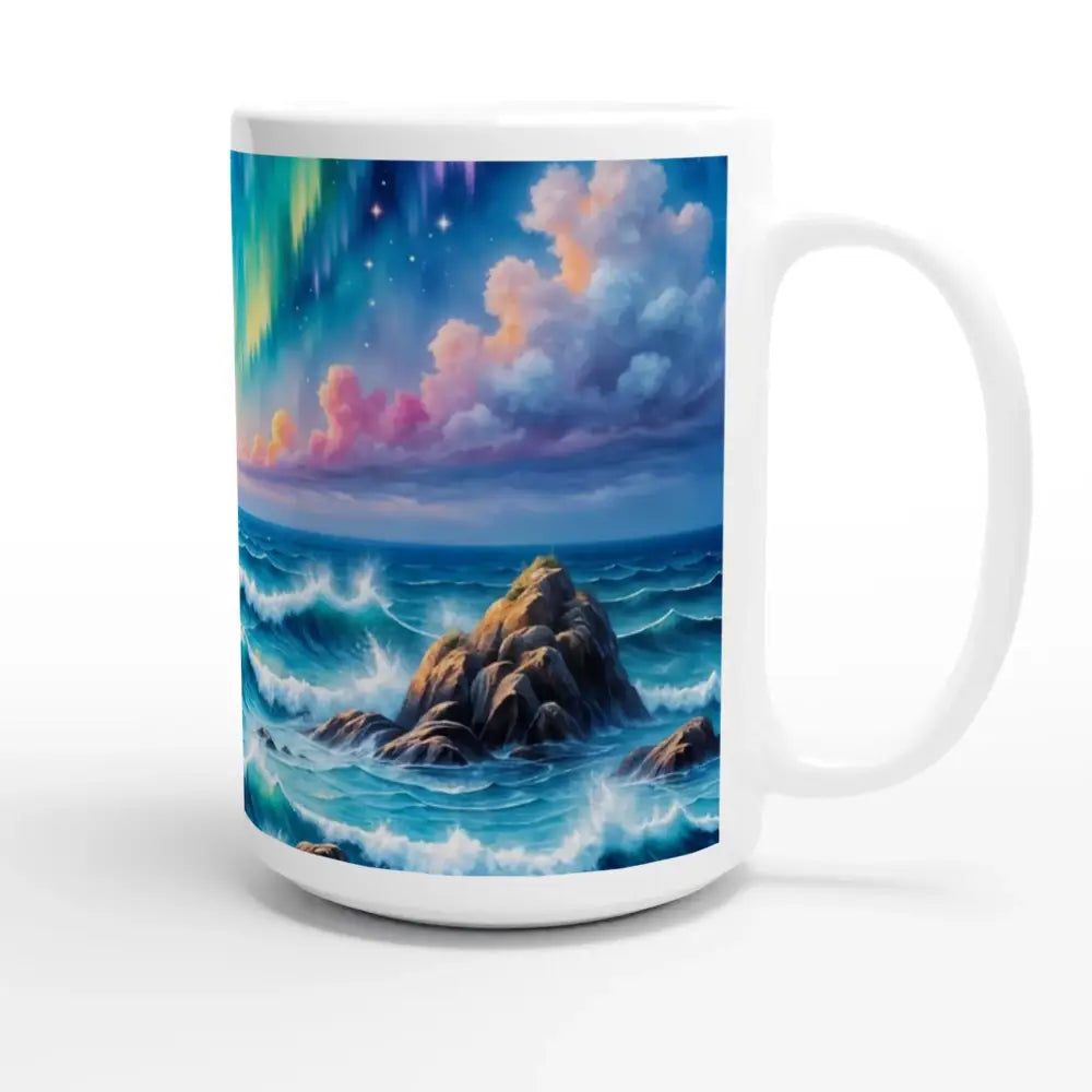 White 15oz ceramic mug featuring celestial tide ocean and aurora borealis artwork