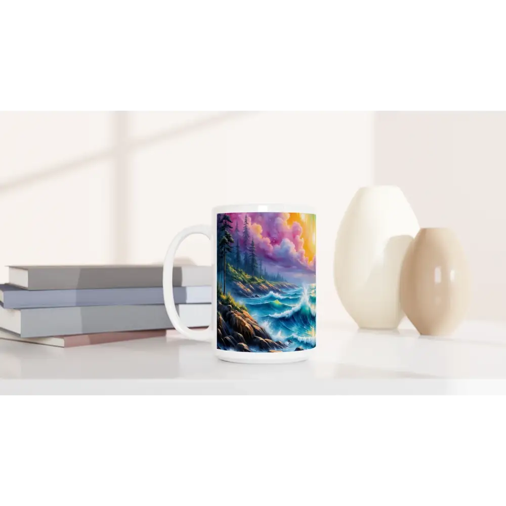 White 15oz ceramic mug featuring a vibrant stormy ocean sunset painting from Celestial Tide