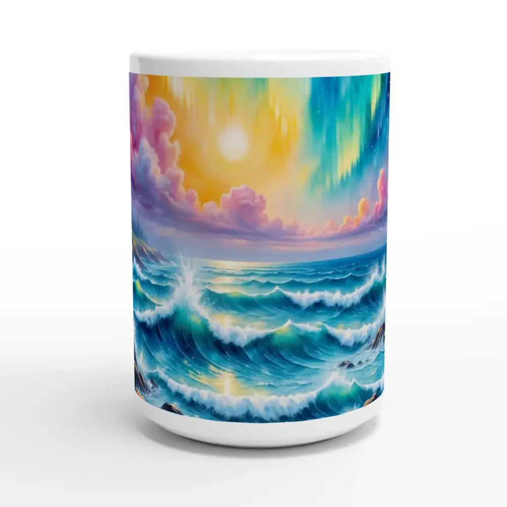 White 15oz ceramic mug featuring Celestial Tide ocean and sky landscape painting