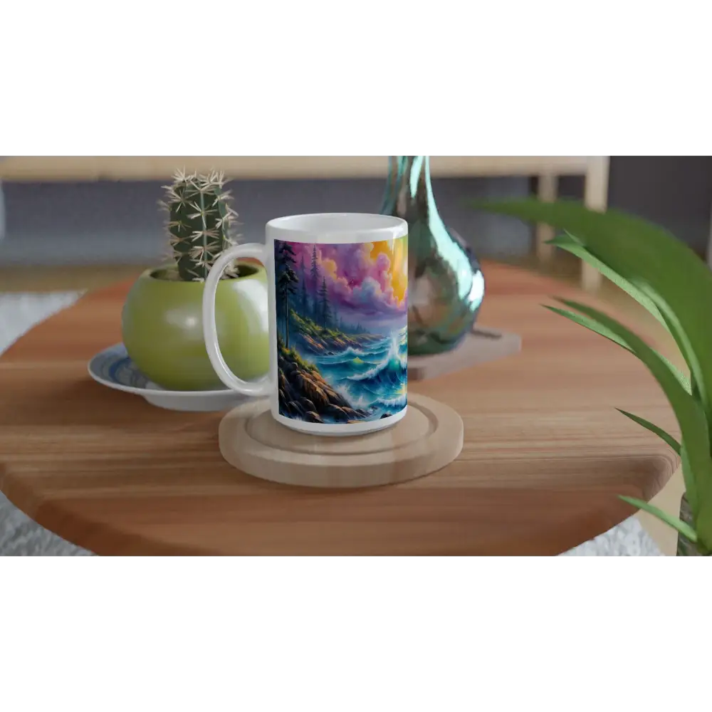White 15oz ceramic mug featuring Celestial Tide stormy ocean and dramatic sky print