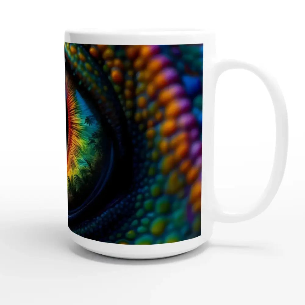 White ceramic mug with chameleon eye design from PixiOnyx Hypnotic Gaze collection