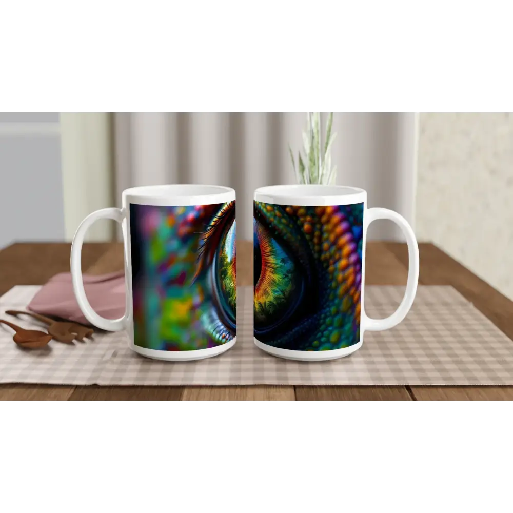 White 15oz ceramic mug with lizard eye design named Chameleons Prism by PixiOnyx