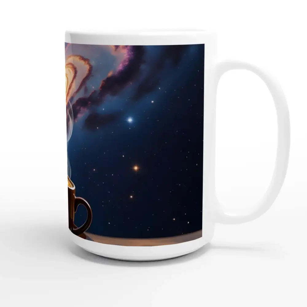 White ceramic mug with celestial cosmic design from PixiOnyx Dreamscape Drinkware
