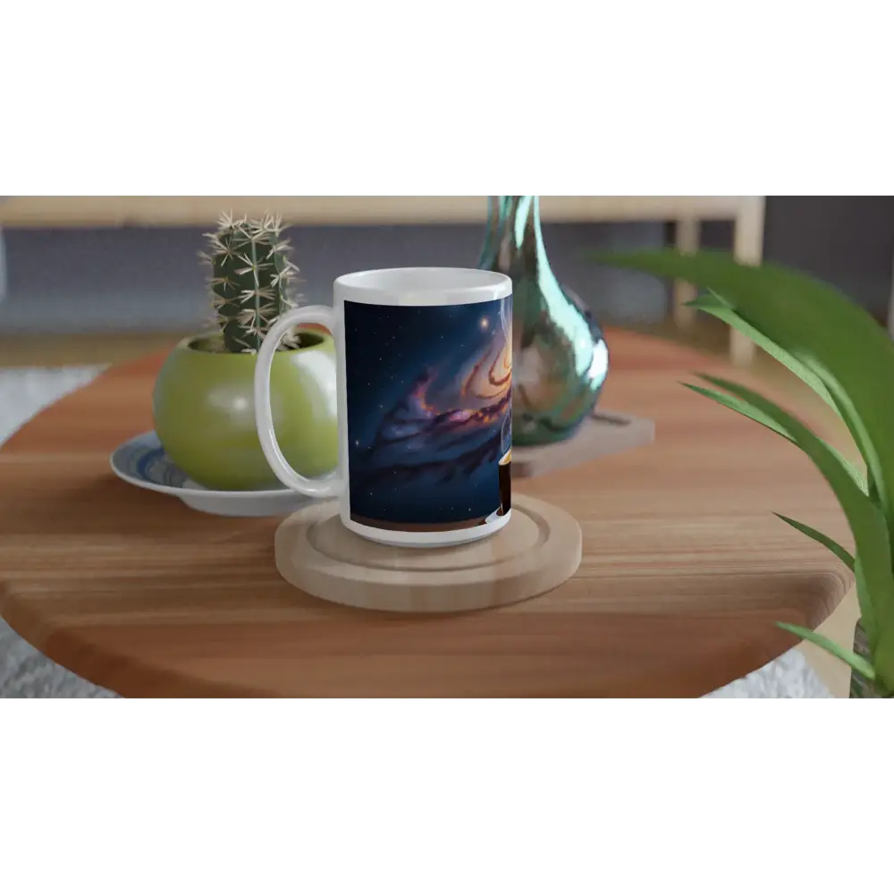 White 15oz Ceramic Mug with Cosmic Dreamscape Design for Cosmic Brew Pleasure