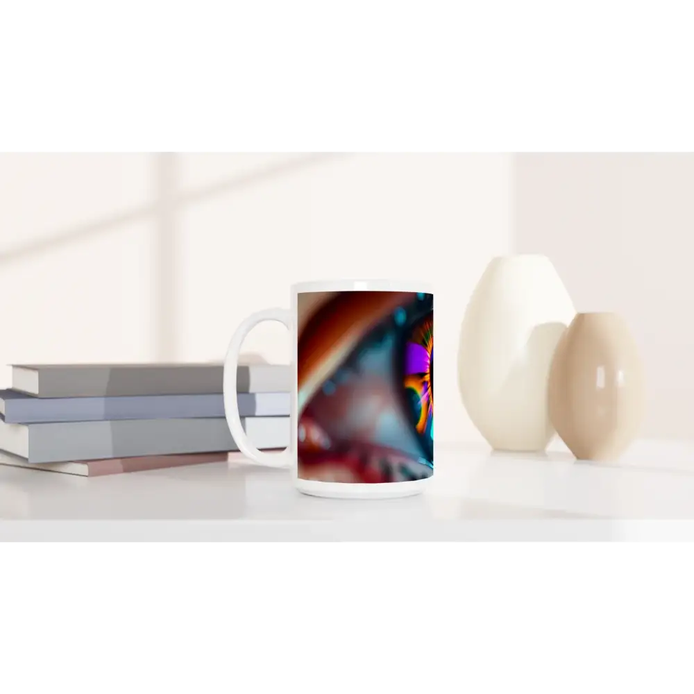 White 15oz Ceramic Mug with colorful cosmic iris eye design from PixiOnyx Dreamscape Drinkware
