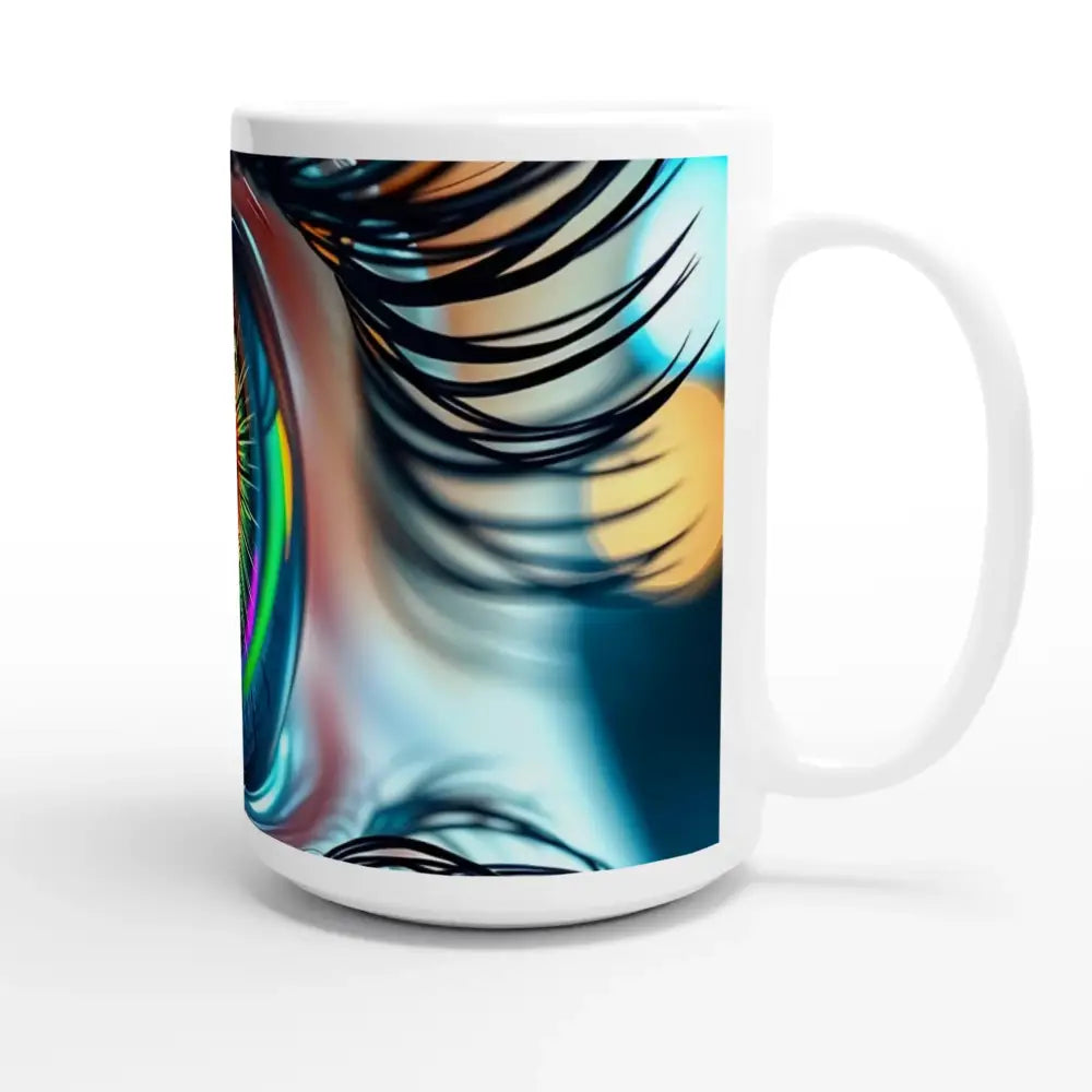 White ceramic mug with eye graphic from PixiOnyx Dreamscape Drinkware Cosmic Iris collection