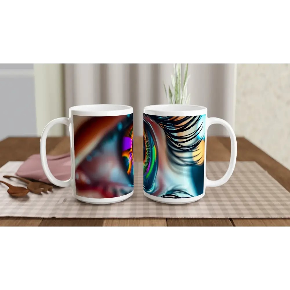 Two eye-themed 15oz Ceramic Mugs from PixiOnyx Dreamscape Drinkware