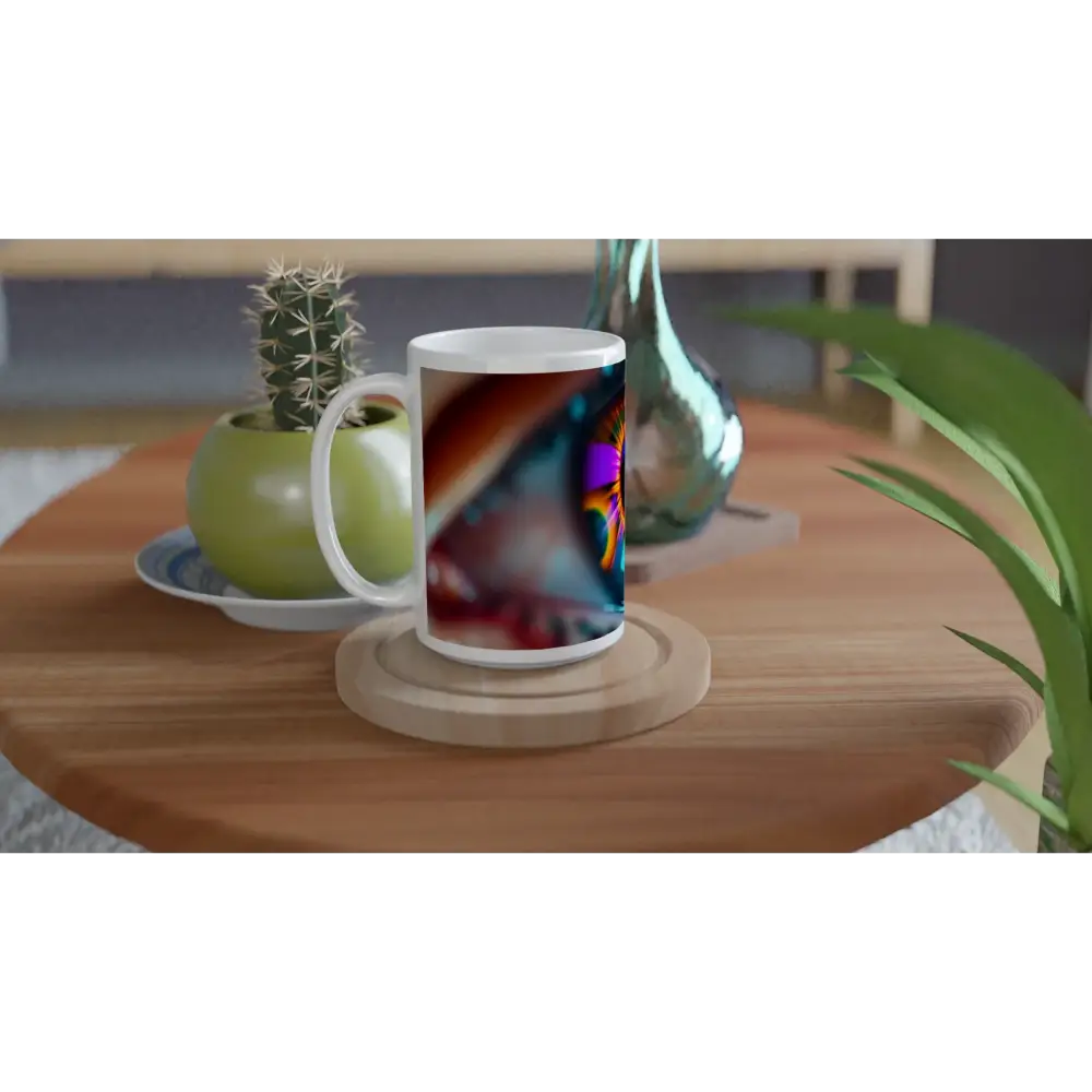 Printed white ceramic mug featuring Cosmic Iris Portal of Vision design from PixiOnyx Dreamscape Drinkware