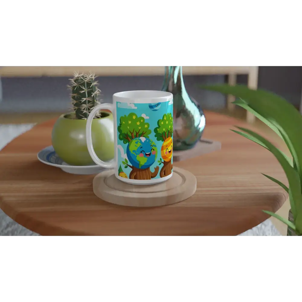 Cartoon Earth and Tree Mug on White 15oz Ceramic Mug Cosmic Tree Friends PixiOnyx Stellar Brew