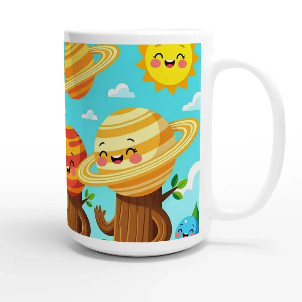 Cartoon planet-themed white 15oz ceramic mug featuring Cosmic Tree Friends design