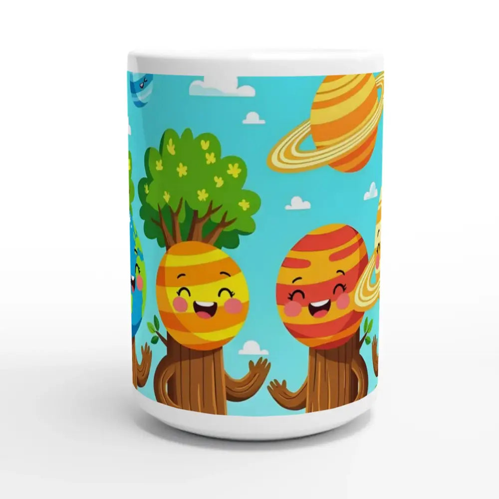 Cartoon planet-themed 15oz ceramic mug featuring Cosmic Tree Friends design from PixiOnyx