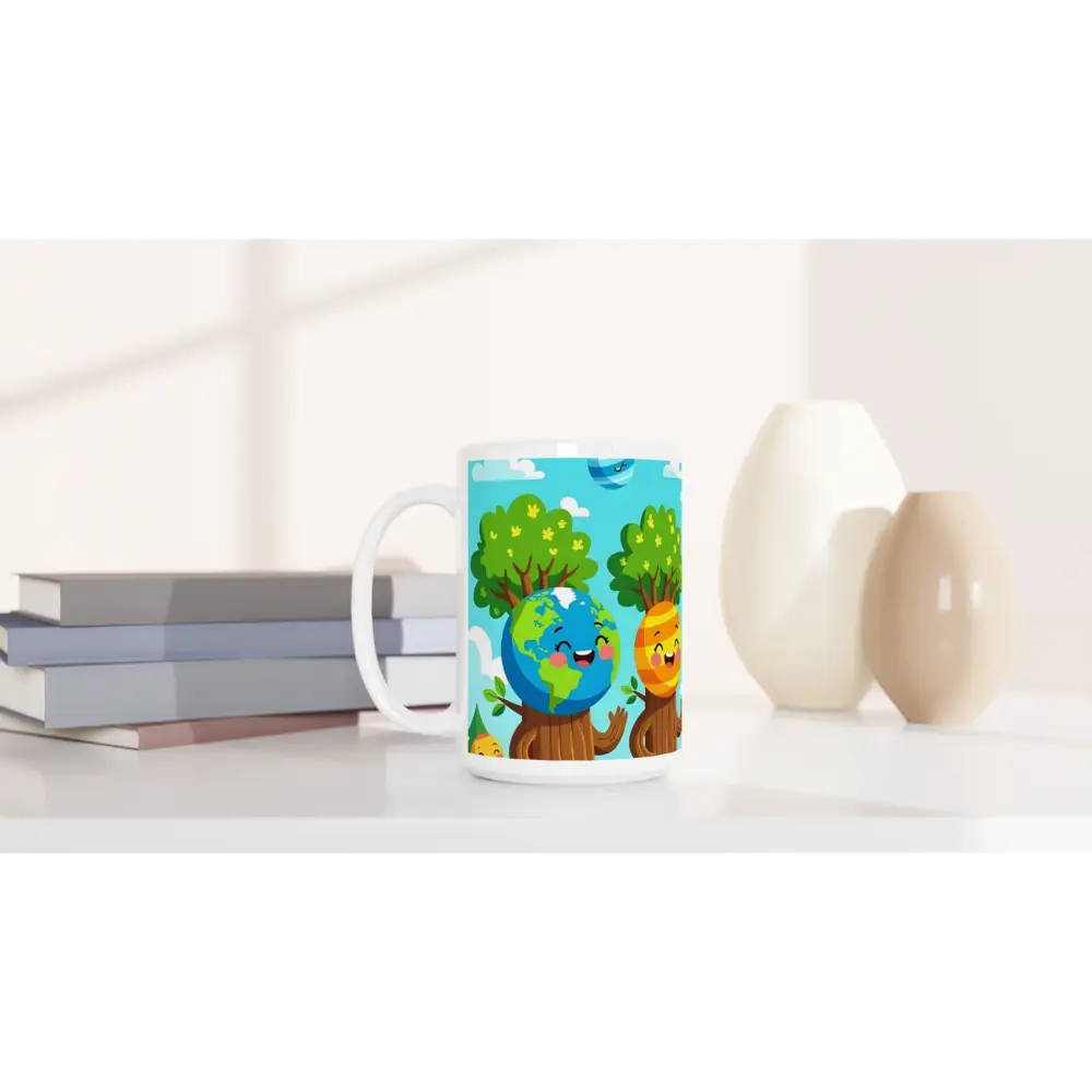 Cartoon Earth-themed ceramic mug from PixiOnyx Stellar Brew featuring cosmic tree design