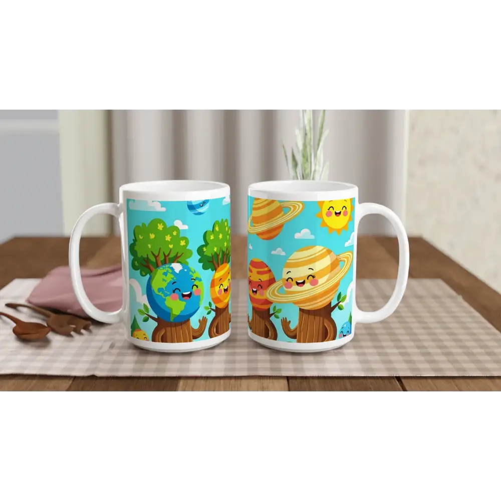 Cartoon planet mugs from PixiOnyx Stellar Brew featuring Cosmic Tree Friends design