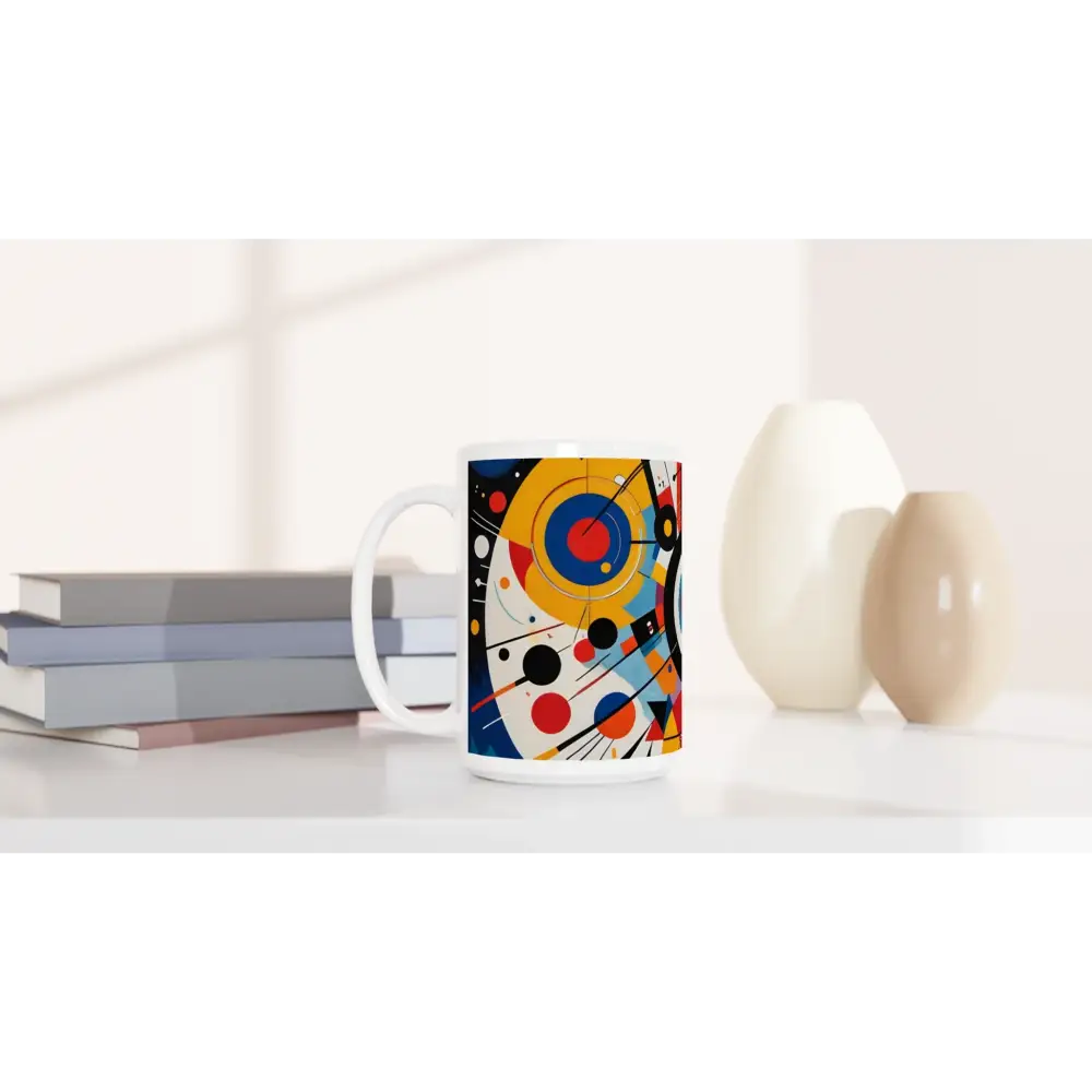 White ceramic mug with colorful abstract art for a vibrant coffee experience